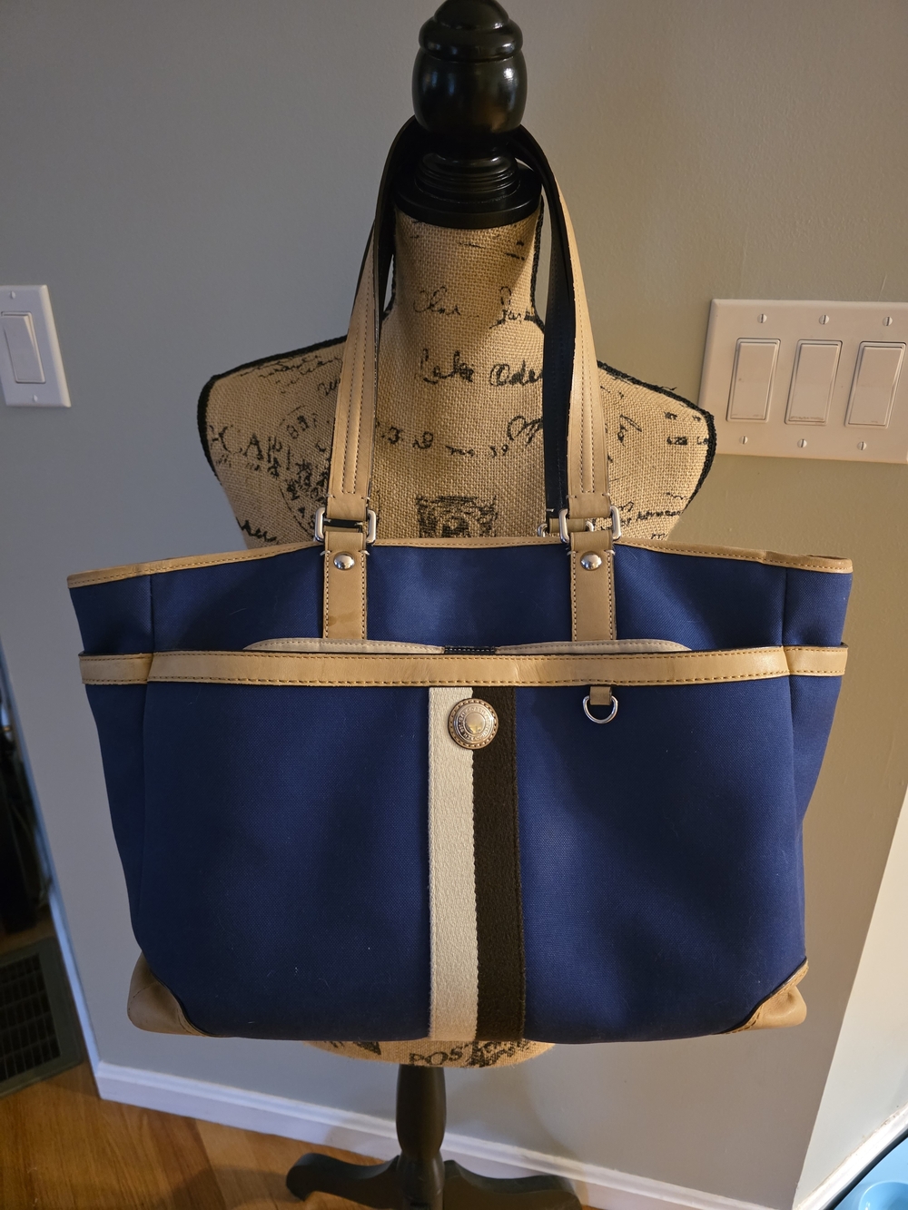 Coach Navy Canvas Tote with Tan Trim and Center Stripe
